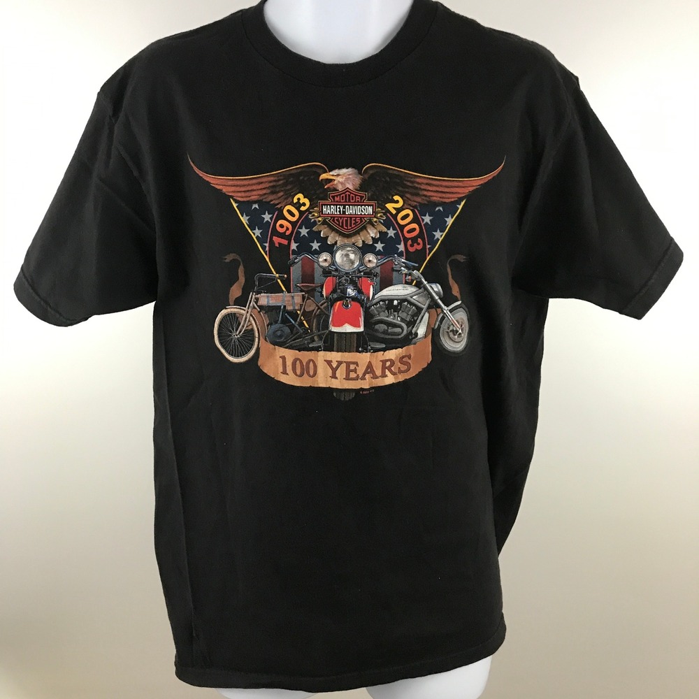 Harley Davidson 100 Years Anniversary T Shirt‎ Black Size L Eagle Motorcycles